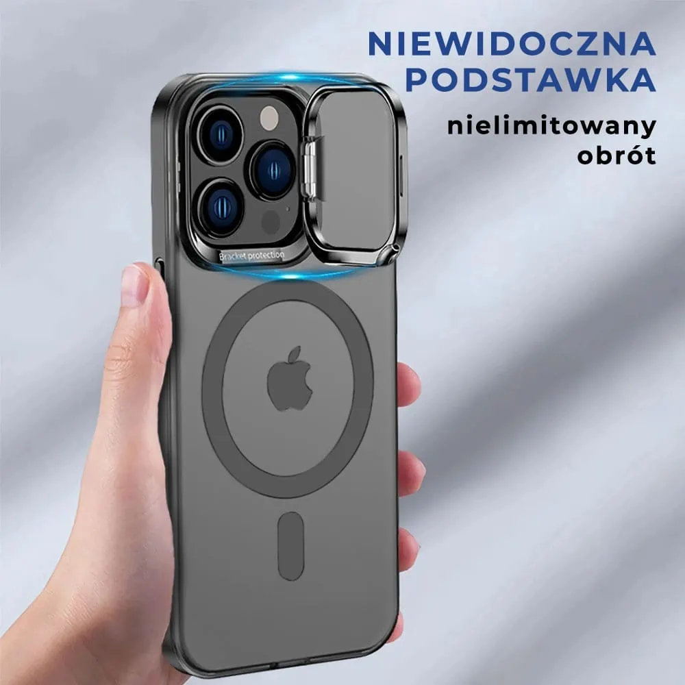 Etui do iPhone 14 Pro Cam Stand MagSafe z podstawką, twarde, matowe półprzeźroczyste, czarne