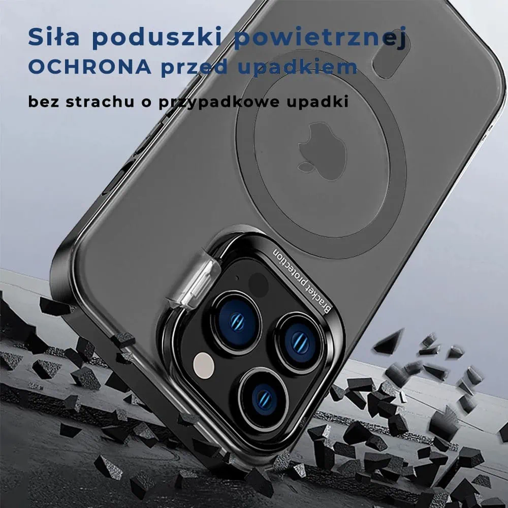 Etui do iPhone 14 Pro Cam Stand MagSafe z podstawką, twarde, matowe półprzeźroczyste, czarne