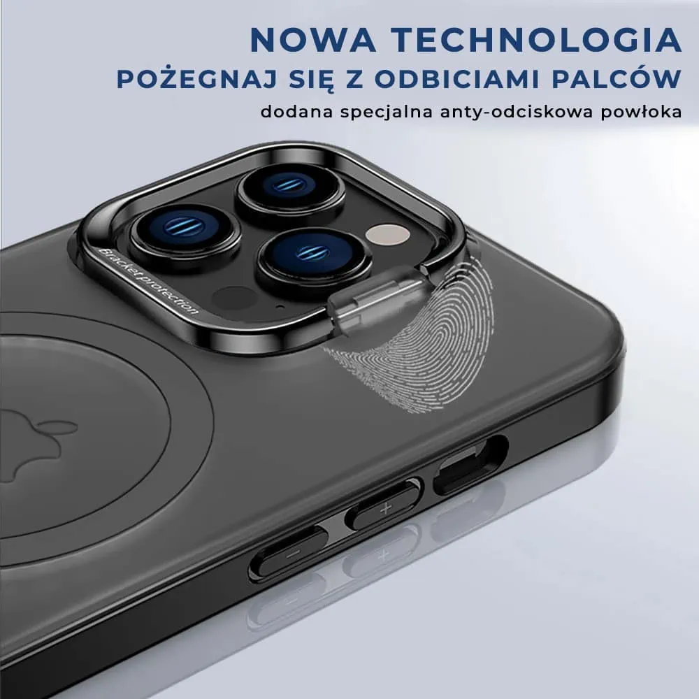Etui do iPhone 14 Pro Cam Stand MagSafe z podstawką, twarde, matowe półprzeźroczyste, czarne
