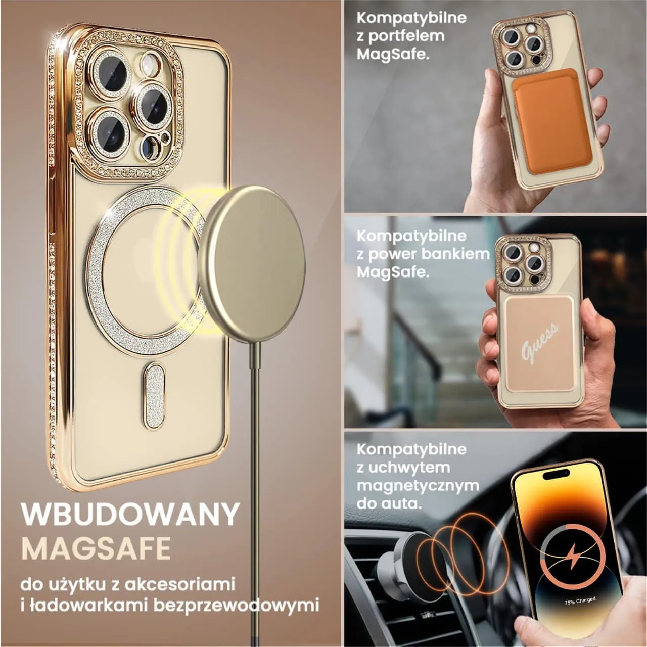 Etui do iPhone 14 Pro Diadem Glow, błyszczące z MagSafe, przeźroczyste, złote