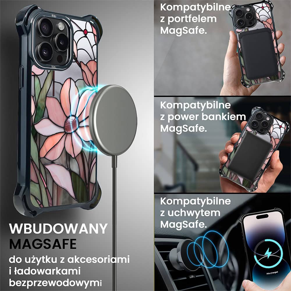 Etui do iPhone 14 Pro, Ibizu DropGuard Ultra z MagSafe, Barwy Szkła, Różowa magnolia