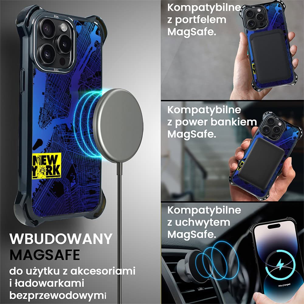 Etui do iPhone 14 Pro Max, Ibizu DropGuard Ultra z MagSafe, Mapy Świata, New York