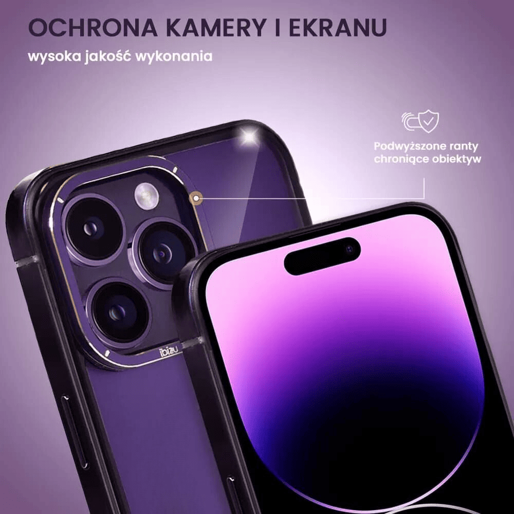 Etui do iPhone 14 Pro Max Ibizu Elite Skin Cam Ring, krystalicznie czyste z metalową ramką, purpurowe