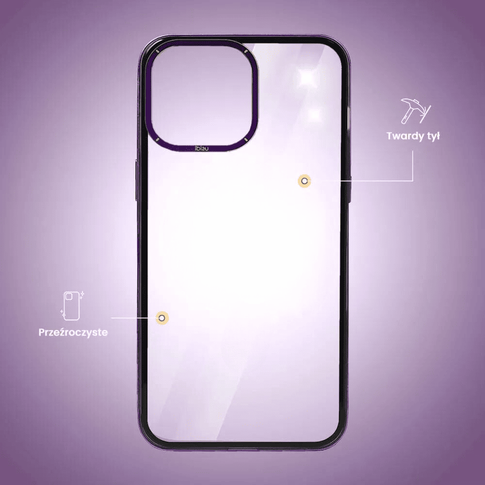 Etui do iPhone 14 Pro Max Ibizu Elite Skin Cam Ring, krystalicznie czyste z metalową ramką, purpurowe