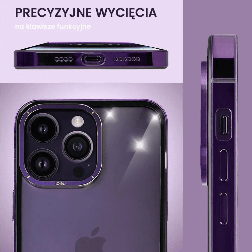 Etui do iPhone 14 Pro Max Ibizu Elite Skin Cam Ring, krystalicznie czyste z metalową ramką, purpurowe