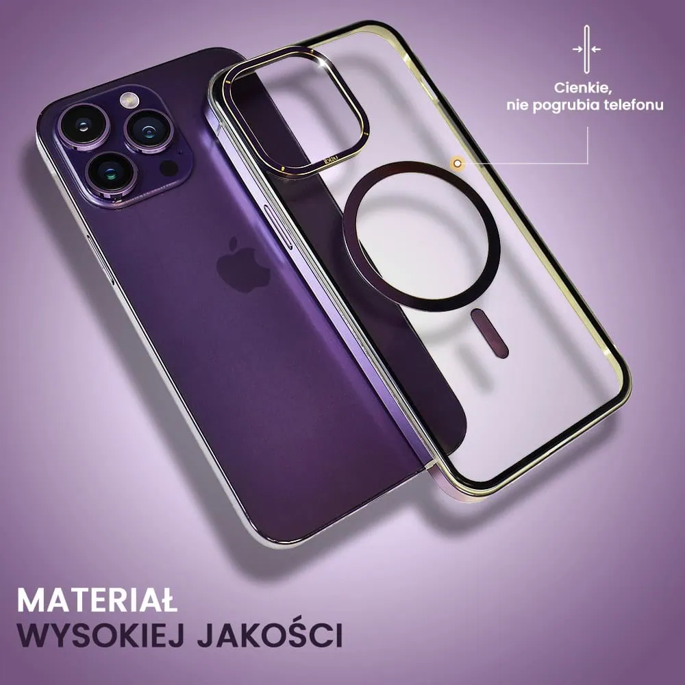 Etui do iPhone 14 Pro, Ibizu Elite Skin Cam Ring, krystalicznie czyste z metalową ramką, purpurowe z Magsafe
