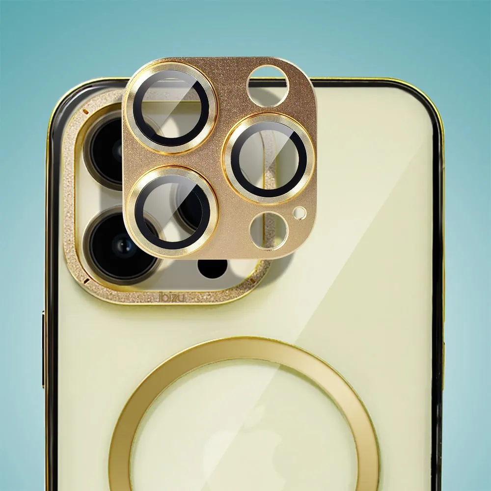 Etui do iPhone 14 Pro, Ibizu Elite Skin Cam Ring, krystalicznie czyste z metalową ramką, złote z Magsafe