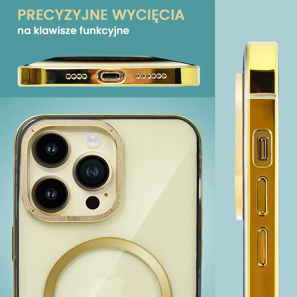 etui do iphone 14 pro max, ibizu elite skin cam ring, krystalicznie czyste z metalową ramką, złote z magsafe