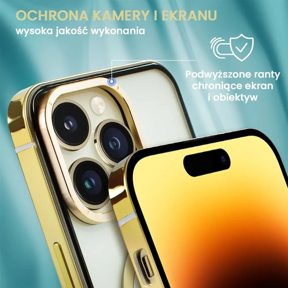 Etui do iPhone 14 Pro, Ibizu Elite Skin Cam Ring, krystalicznie czyste z metalową ramką, złote z Magsafe