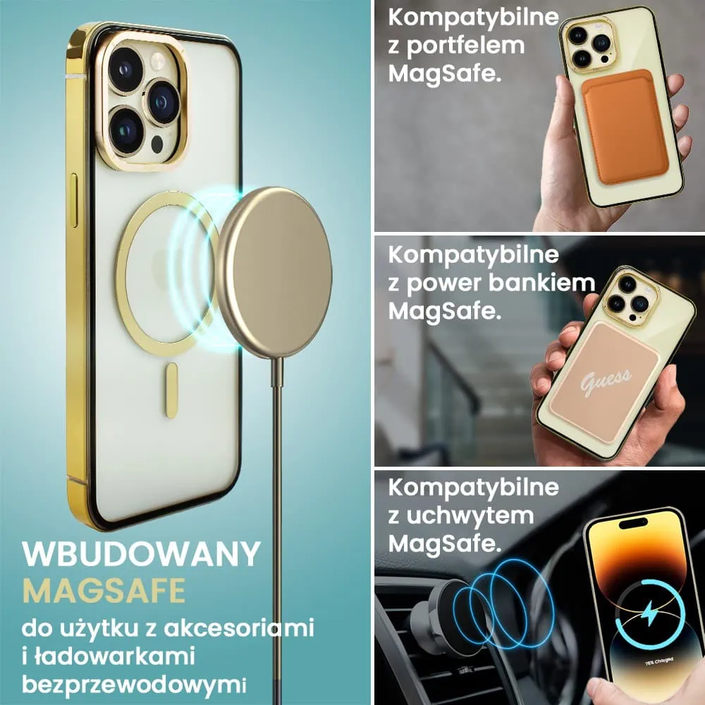 Etui do iPhone 14 Pro, Ibizu Elite Skin Cam Ring, krystalicznie czyste z metalową ramką, złote z Magsafe