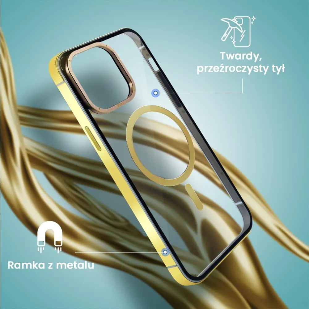 etui do iphone 14 pro max, ibizu elite skin cam ring, krystalicznie czyste z metalową ramką, złote z magsafe