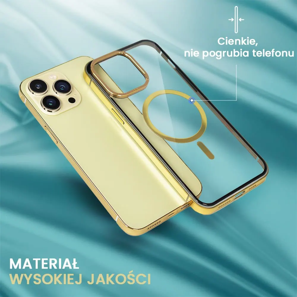 Etui do iPhone 14 Pro, Ibizu Elite Skin Cam Ring, krystalicznie czyste z metalową ramką, złote z Magsafe