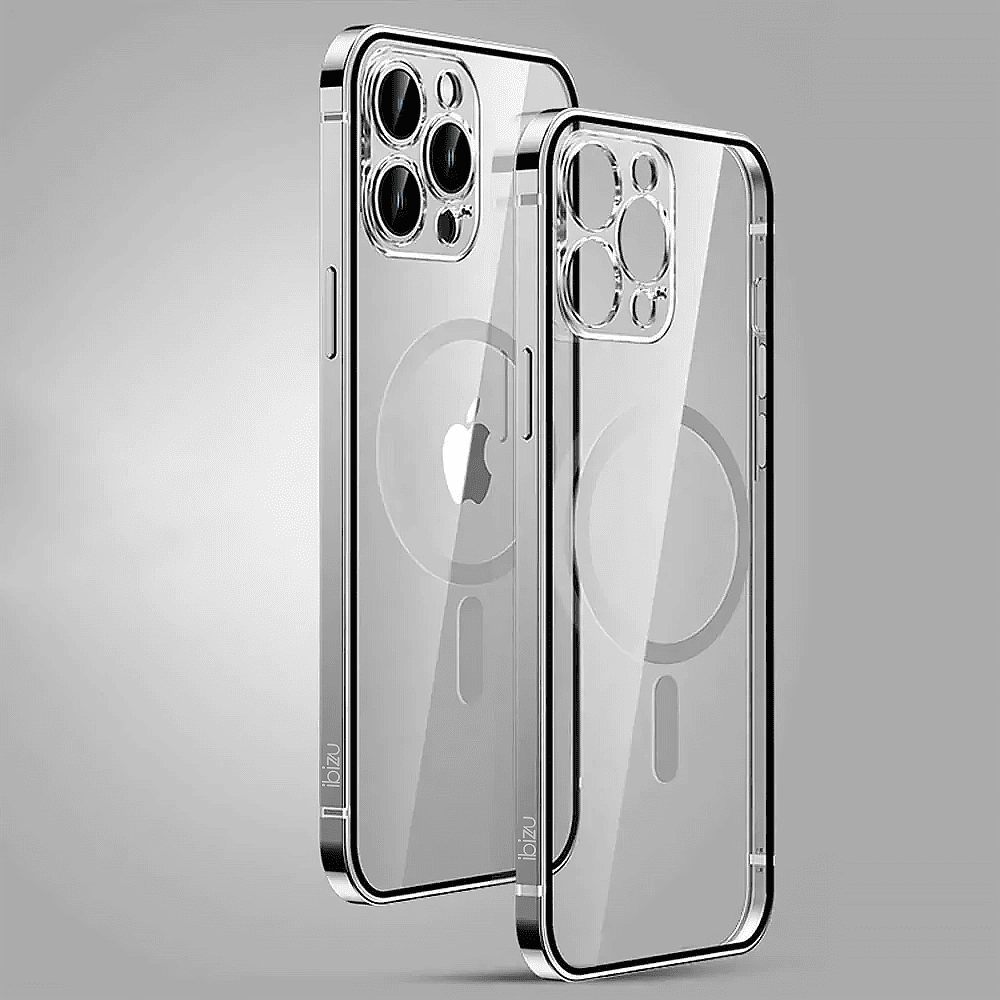 Etui do iPhone 14 Pro Max Ibizu Elite Skin, krystalicznie czyste z metalową ramką, srebrne z MagSafe (OUTLET)