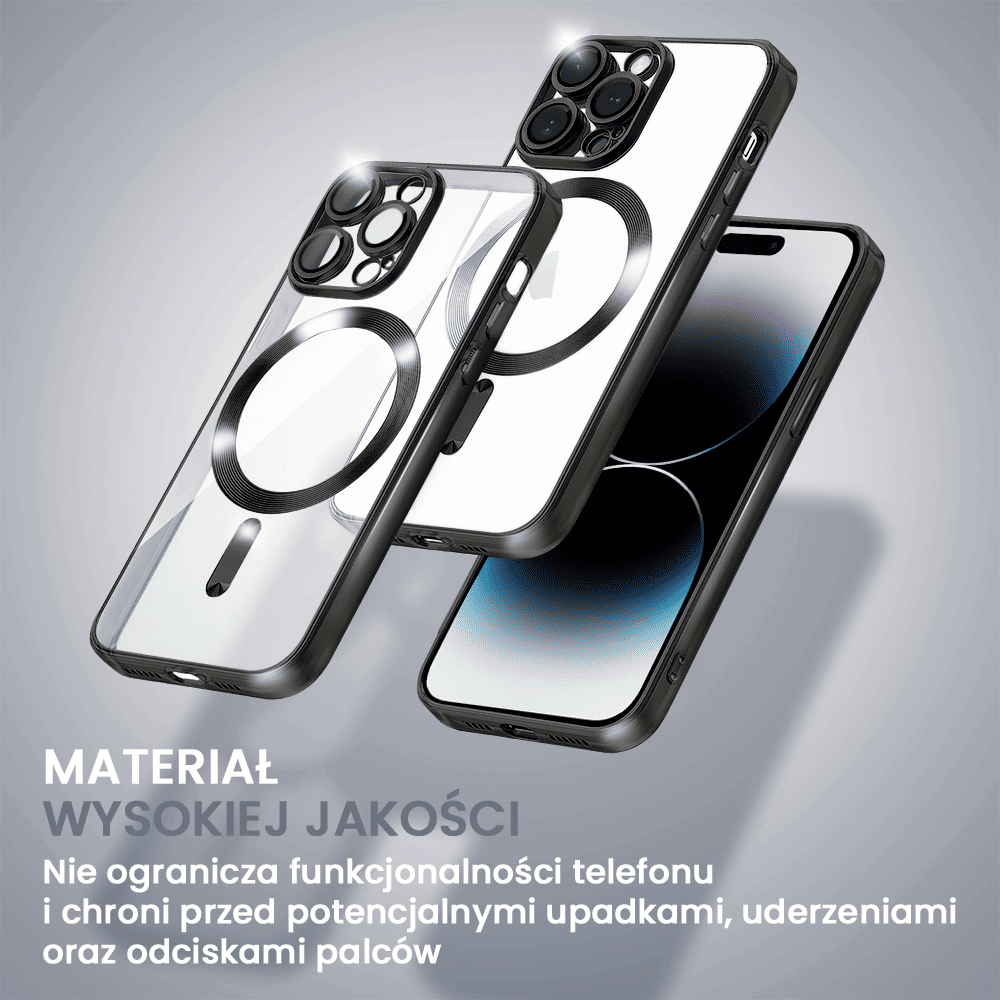 Etui do iPhone 14 Pro MagSafe Luxury Protect przeźroczyste, hybrydowa ochrona kamery, czarne (OUTLET)
