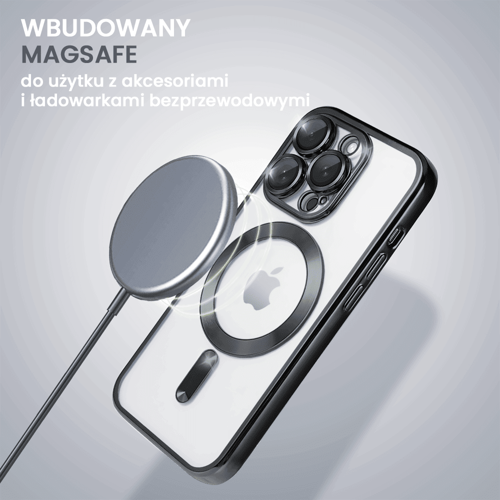 Etui do iPhone 14 Pro MagSafe Luxury Protect przeźroczyste, hybrydowa ochrona kamery, czarne (OUTLET)