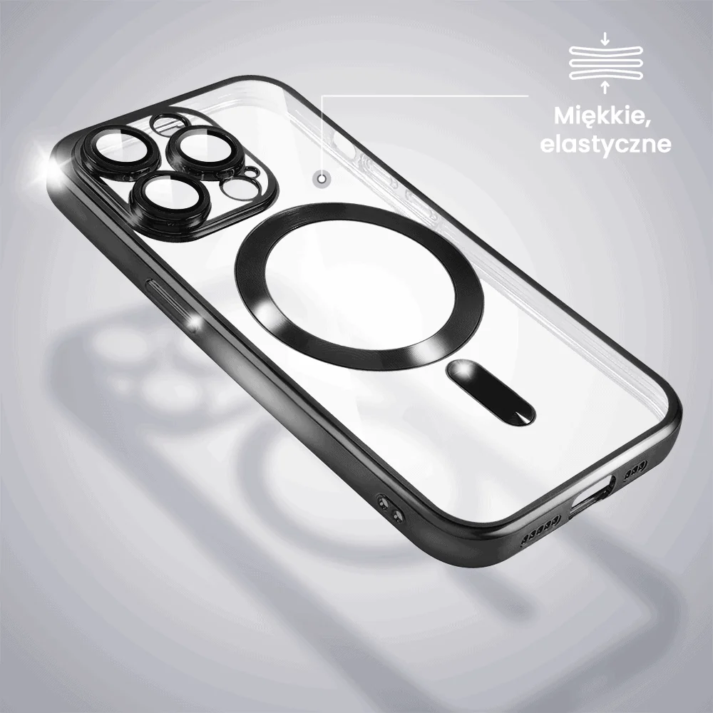 Etui do iPhone 14 Pro MagSafe Luxury Protect przeźroczyste, hybrydowa ochrona kamery, czarne (OUTLET)