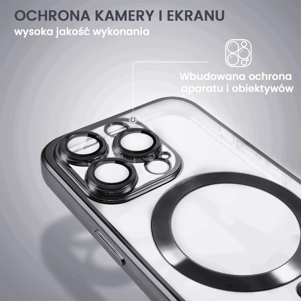 Etui do iPhone 14 Pro MagSafe Luxury Protect przeźroczyste, hybrydowa ochrona kamery, czarne (OUTLET)