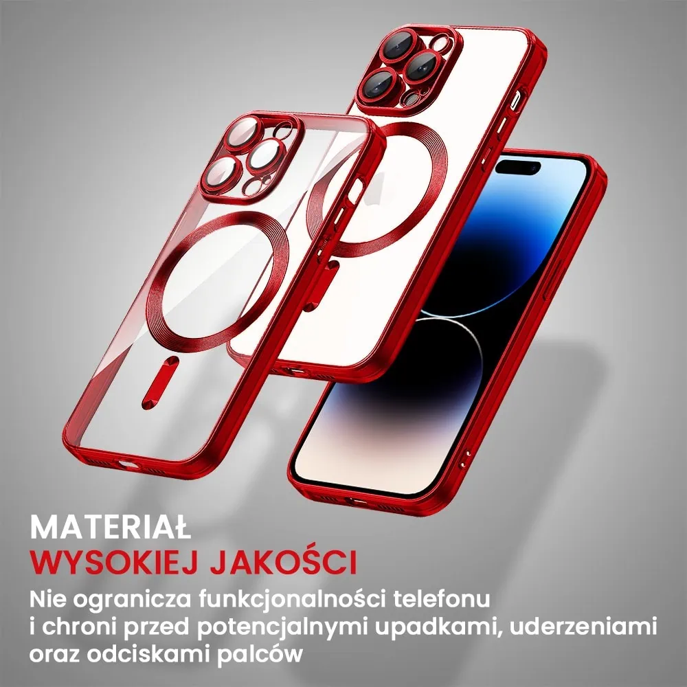 Etui do iPhone 14 Pro Max MagSafe Luxury Protect przeźroczyste, hybrydowa ochrona kamery, czerwone