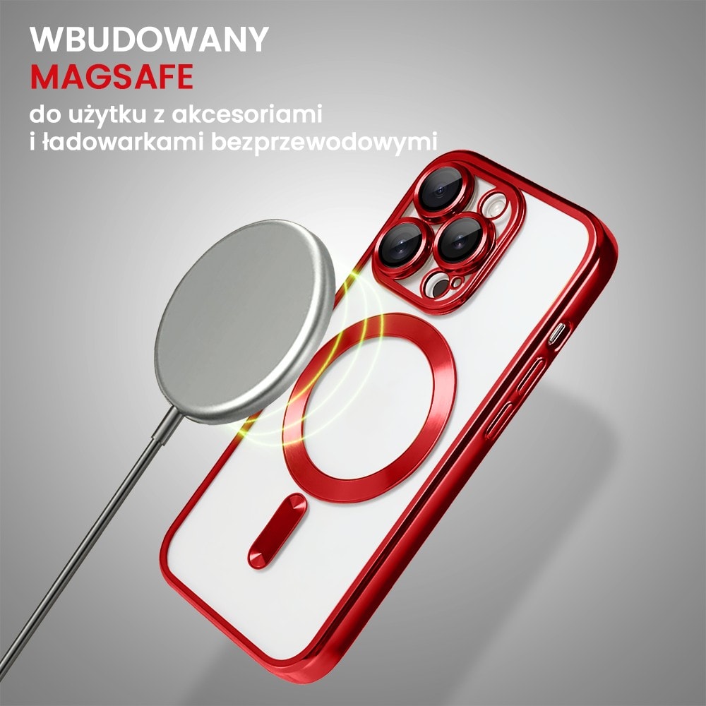 Etui do iPhone 14 Pro Max MagSafe Luxury Protect przeźroczyste, hybrydowa ochrona kamery, czerwone