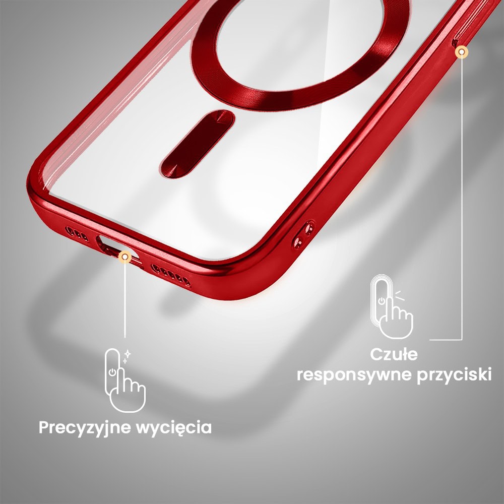 Etui do iPhone 14 Pro Max MagSafe Luxury Protect przeźroczyste, hybrydowa ochrona kamery, czerwone