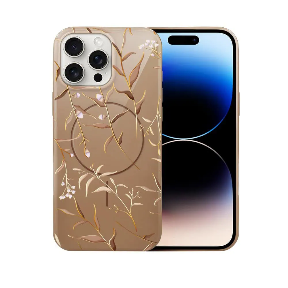 Etui do iPhone 14 Pro Max, elastyczne, z MagSafe, Złocisty Ogród, beżowe