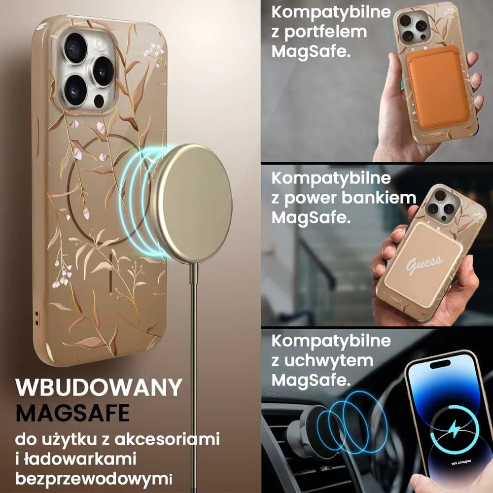 Etui do iPhone 14 Pro Max, elastyczne, z MagSafe, Złocisty Ogród, beżowe