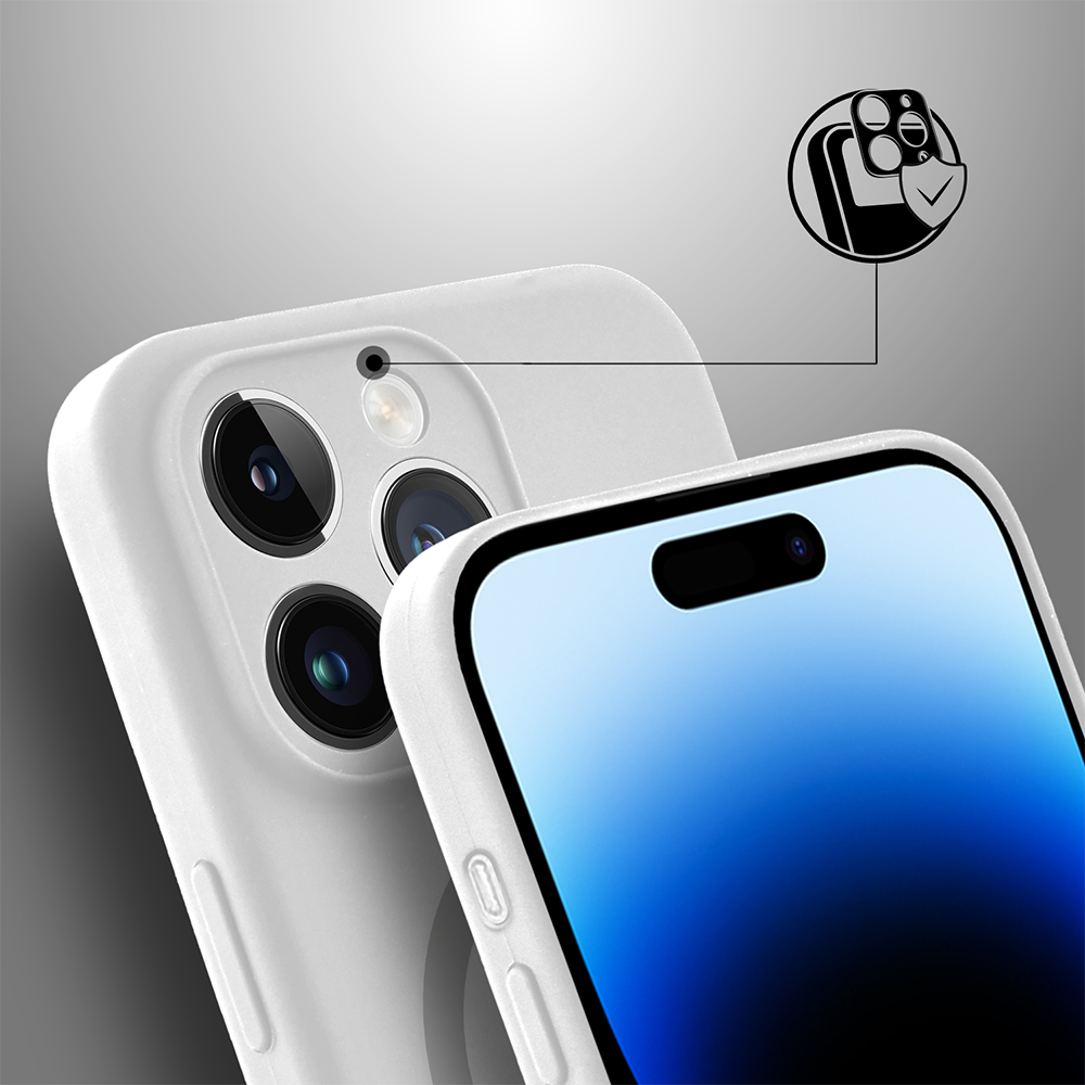 Etui do iPhone 14 Pro Max, silikonowe z MagSafe, mikrofibra soft touch z osłoną na aparat, białe