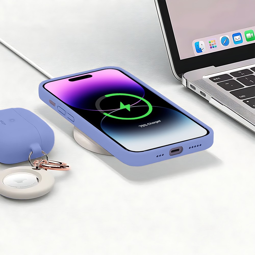 Etui do iPhone 14 Pro Max silikonowe z mikrofibrą soft touch z osłoną na aparat, fioletowe liliowe