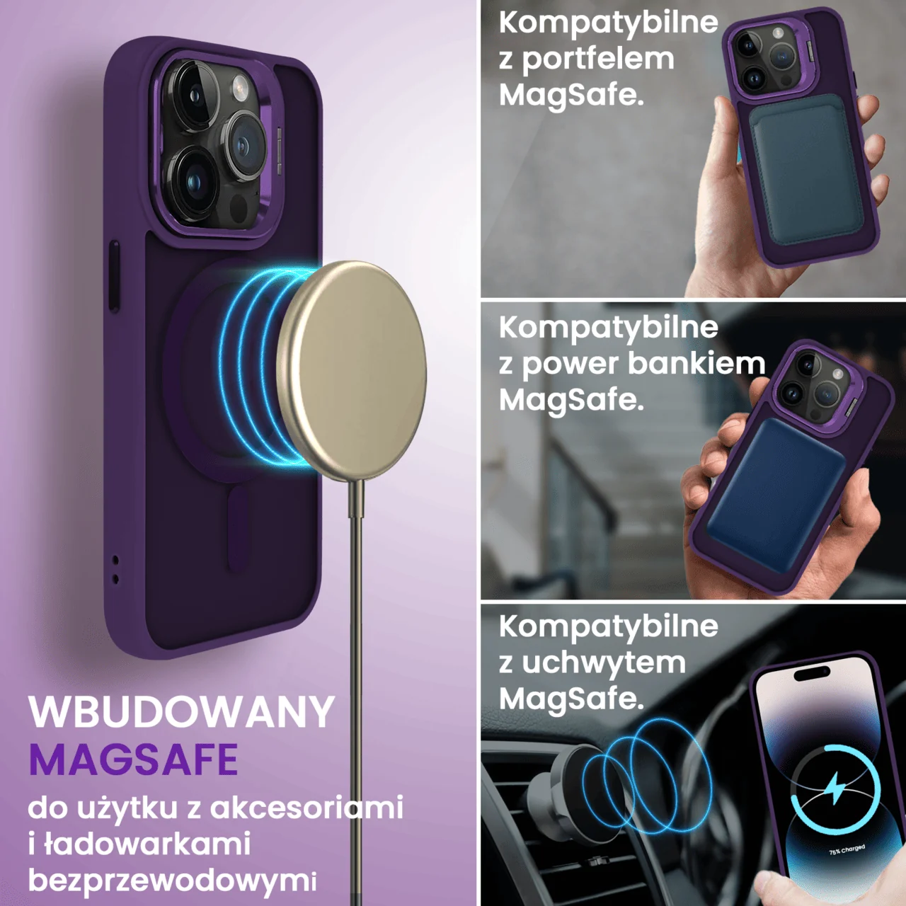 Etui do iPhone 14 Pro Arctic Stand, półprzeźroczyste, z osłoną aparatu i podstawką, ciemno purpurowe
