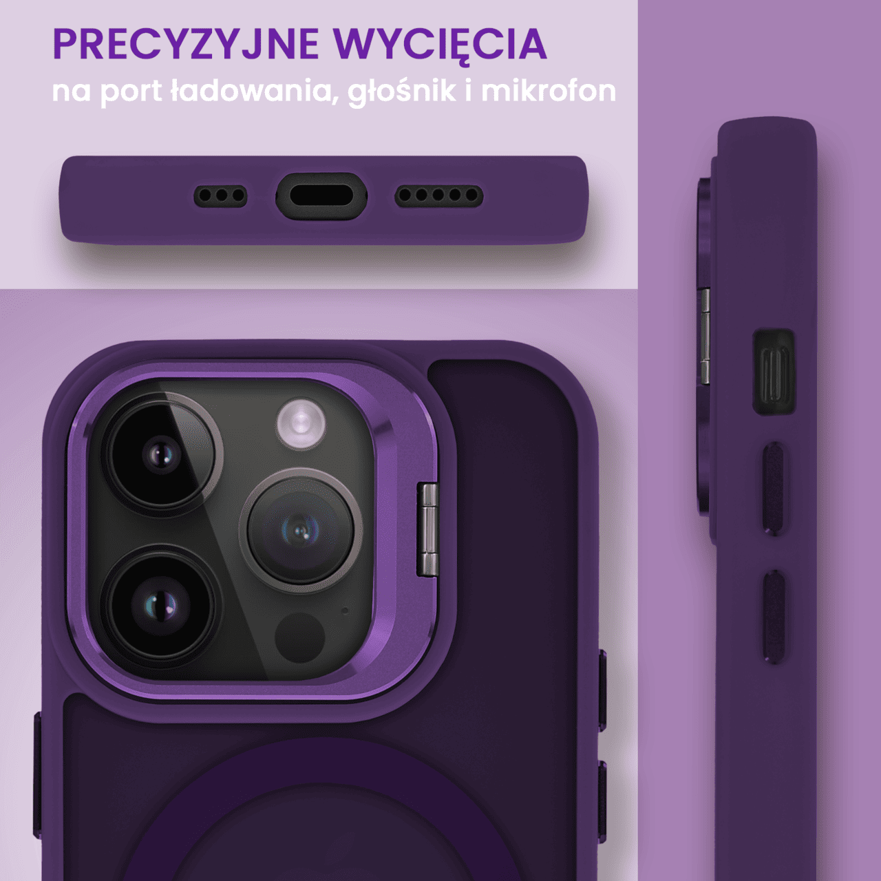 Etui do iPhone 14 Pro Arctic Stand, półprzeźroczyste, z osłoną aparatu i podstawką, ciemno purpurowe