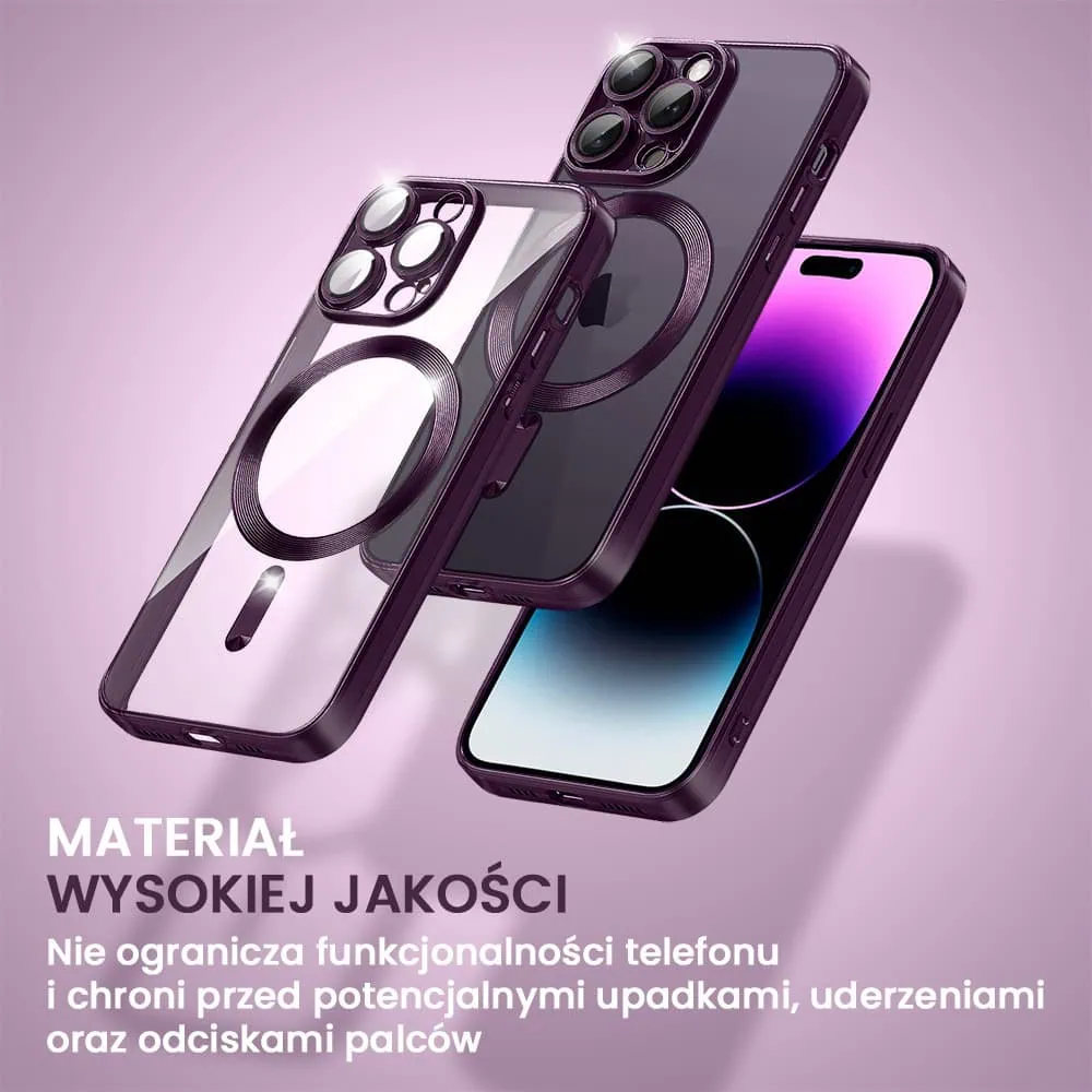 Etui do iPhone 14 Pro MagSafe Luxury Protect przeźroczyste, hybrydowa ochrona kamery, głęboka purpura