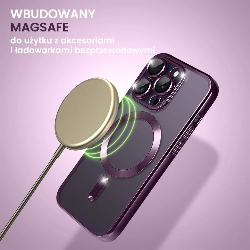 Etui do iPhone 14 Pro MagSafe Luxury Protect przeźroczyste, hybrydowa ochrona kamery, głęboka purpura