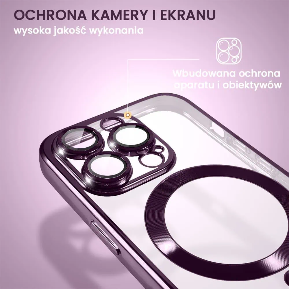 Etui do iPhone 14 Pro MagSafe Luxury Protect przeźroczyste, hybrydowa ochrona kamery, głęboka purpura