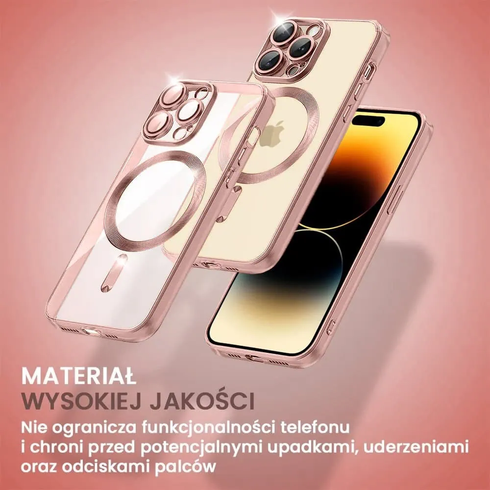 Etui do iPhone 14 Pro MagSafe Luxury Protect przeźroczyste, hybrydowa ochrona kamery, różowe złoto