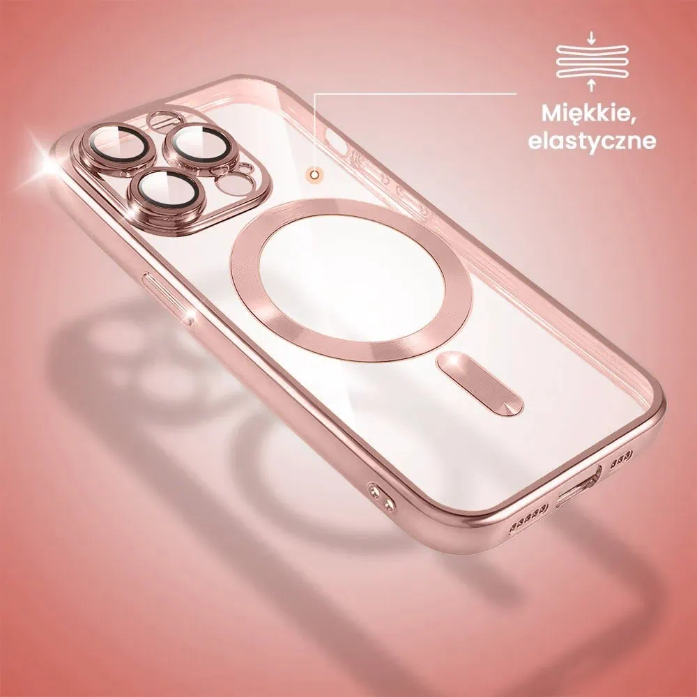 Etui do iPhone 14 Pro MagSafe Luxury Protect przeźroczyste, hybrydowa ochrona kamery, różowe złoto