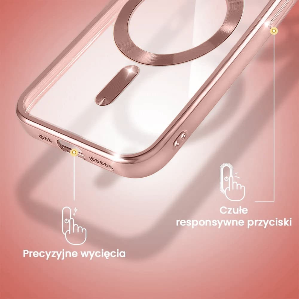 Etui do iPhone 14 Pro MagSafe Luxury Protect przeźroczyste, hybrydowa ochrona kamery, różowe złoto
