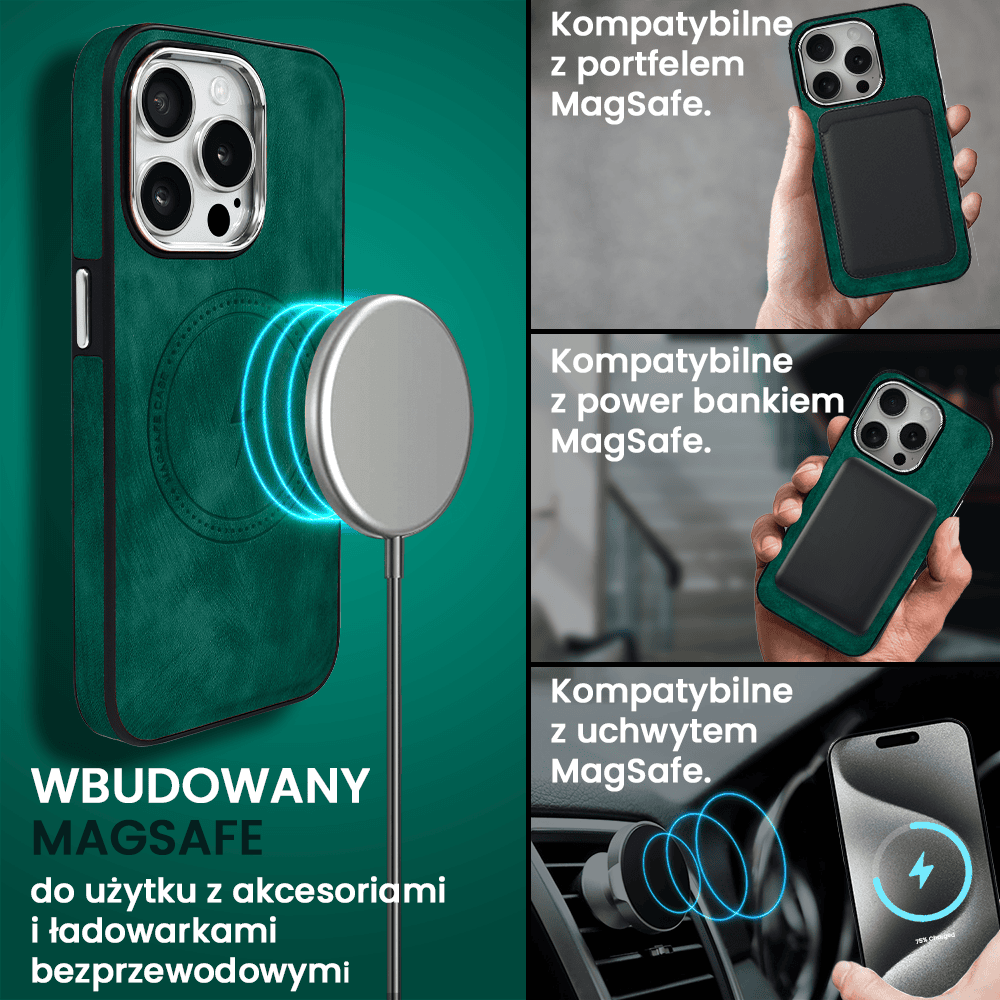 Etui do iPhone 14 Pro Max Magsafe Business Leather, eleganckie, przyjemne w dotyku, zielone
