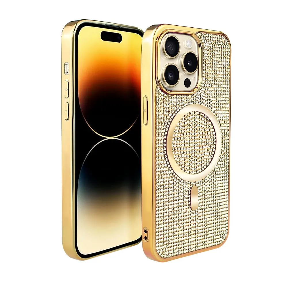 Etui do iPhone 14 Pro Max Magsafe Tresury Case, diamentowe, z błyszczącą ramką, złote (OUTLET)