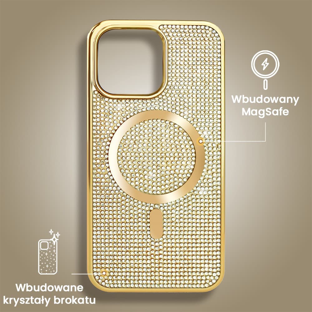 Etui do iPhone 14 Pro Max Magsafe Tresury Case, diamentowe, z błyszczącą ramką, złote (OUTLET)