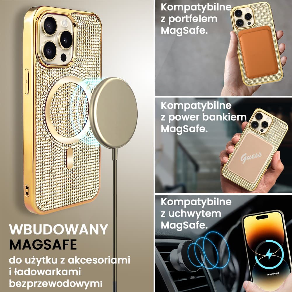 Etui do iPhone 14 Pro Max Magsafe Tresury Case, diamentowe, z błyszczącą ramką, złote (OUTLET)