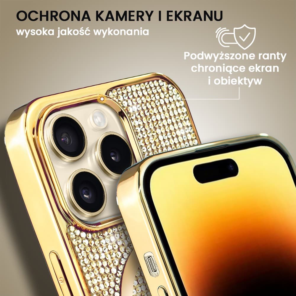 Etui do iPhone 14 Pro Max Magsafe Tresury Case, diamentowe, z błyszczącą ramką, złote (OUTLET)