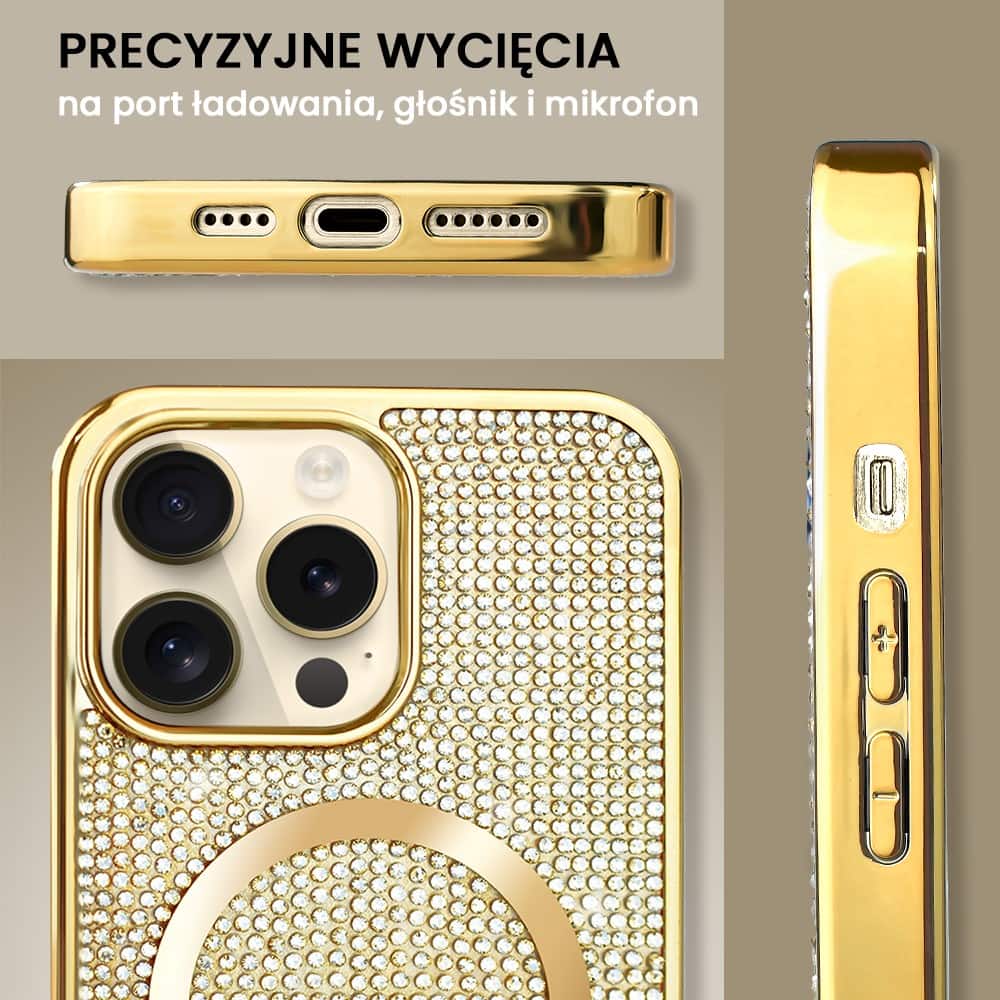 Etui do iPhone 14 Pro Max Magsafe Tresury Case, diamentowe, z błyszczącą ramką, złote (OUTLET)