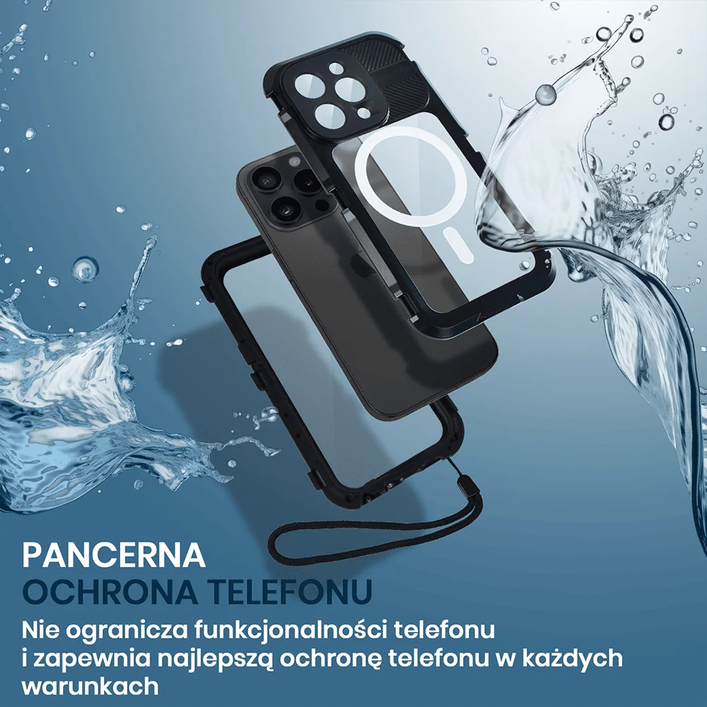 Etui do iPhone 14 Pro TOTAL Protect z Magsafe, wodoodporne, metalowe, przeźroczyste, czarne
