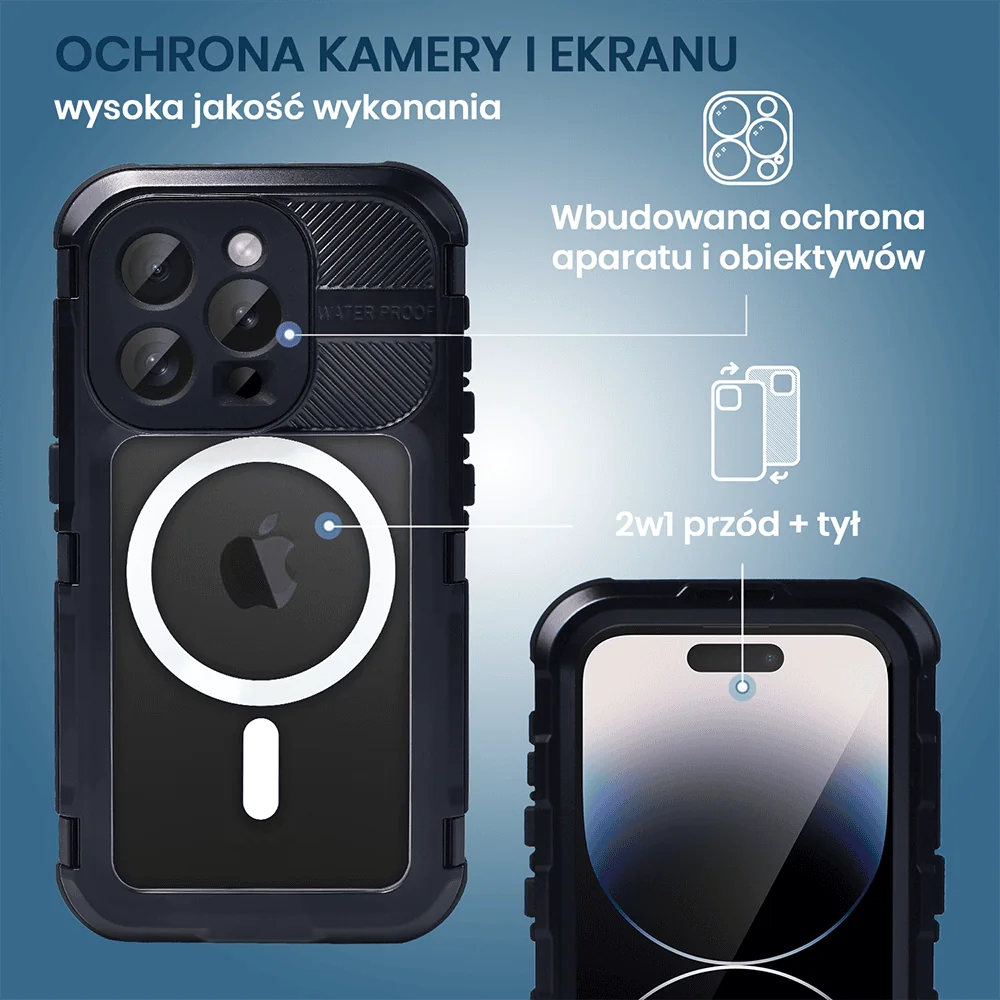 Etui do iPhone 14 Pro TOTAL Protect z Magsafe, wodoodporne, metalowe, przeźroczyste, czarne