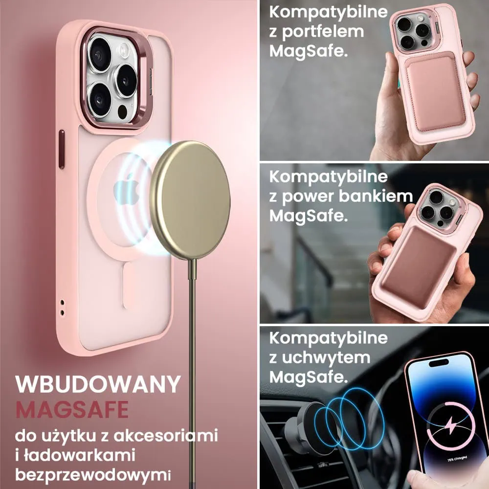 Etui do iPhone 14 Pro Max Arctic Stand, półprzeźroczyste, z osłoną aparatu i podstawką, różowe