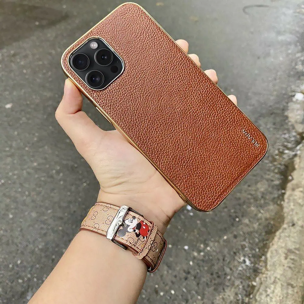 Etui do iPhone 14 Pro eleganckie luksusowe skórzane brązowe ze złotem