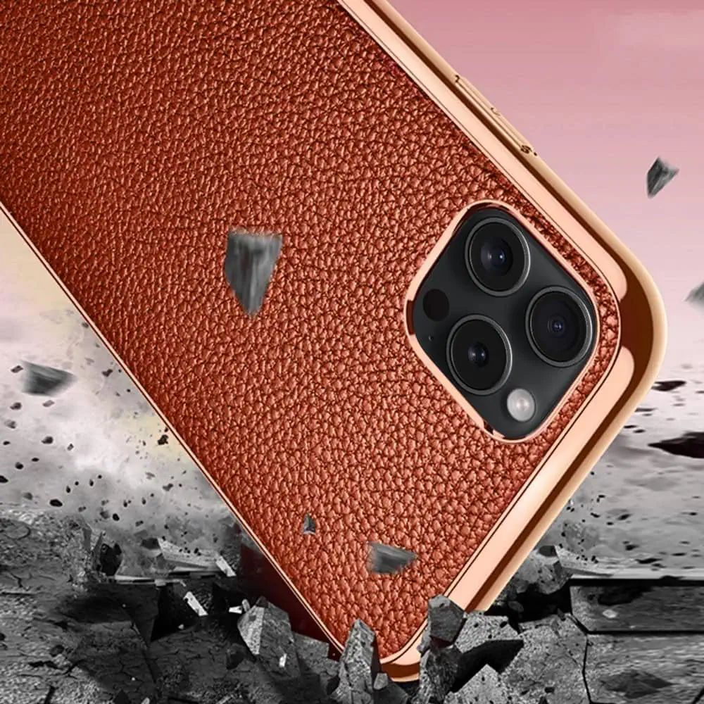 Etui do iPhone 14 Pro eleganckie luksusowe skórzane brązowe ze złotem