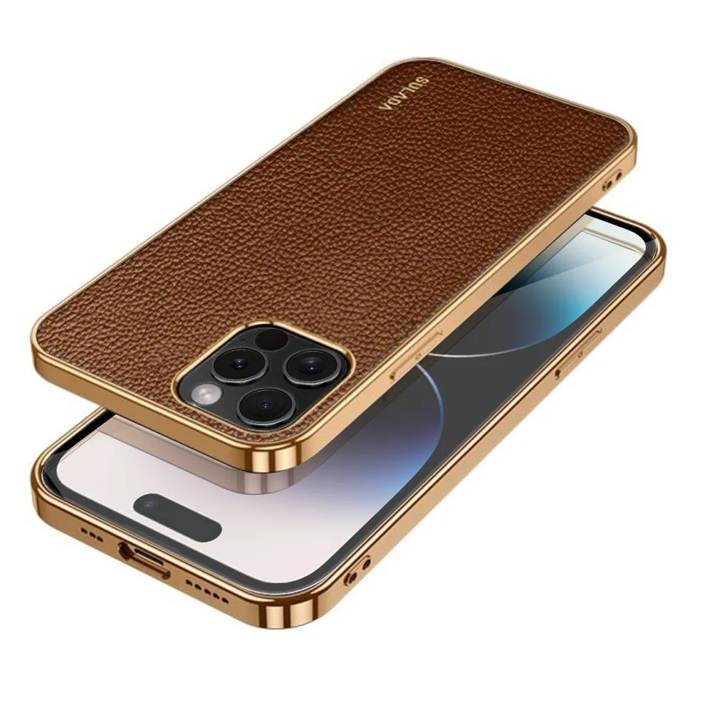Etui do iPhone 14 Pro eleganckie luksusowe skórzane brązowe ze złotem