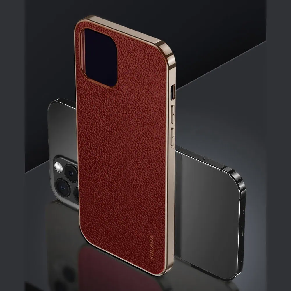 Etui do iPhone 14 Pro eleganckie luksusowe skórzane brązowe ze złotem