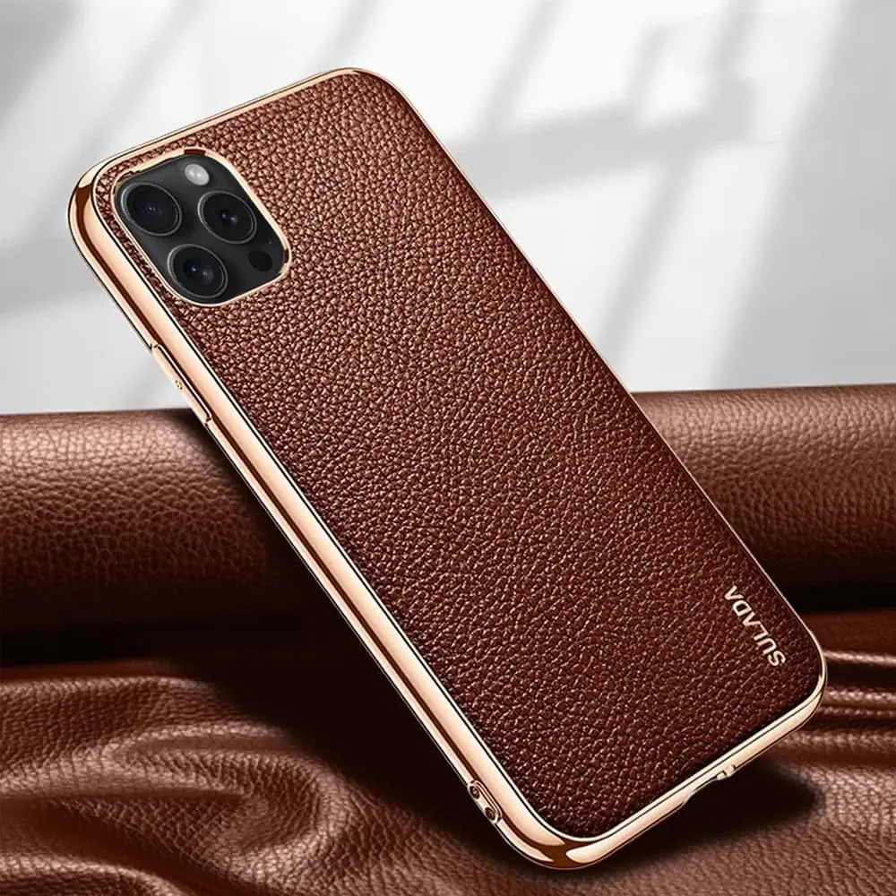 Etui do iPhone 14 Pro eleganckie luksusowe skórzane brązowe ze złotem